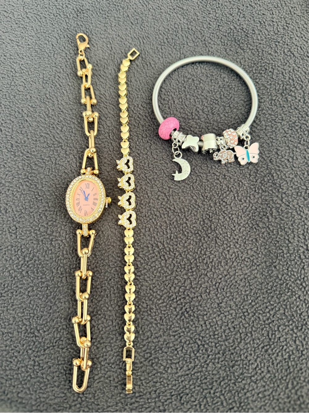 Gold-Tone Pink Dial Women's Bracelet Watch with Heart Link Bracelet
